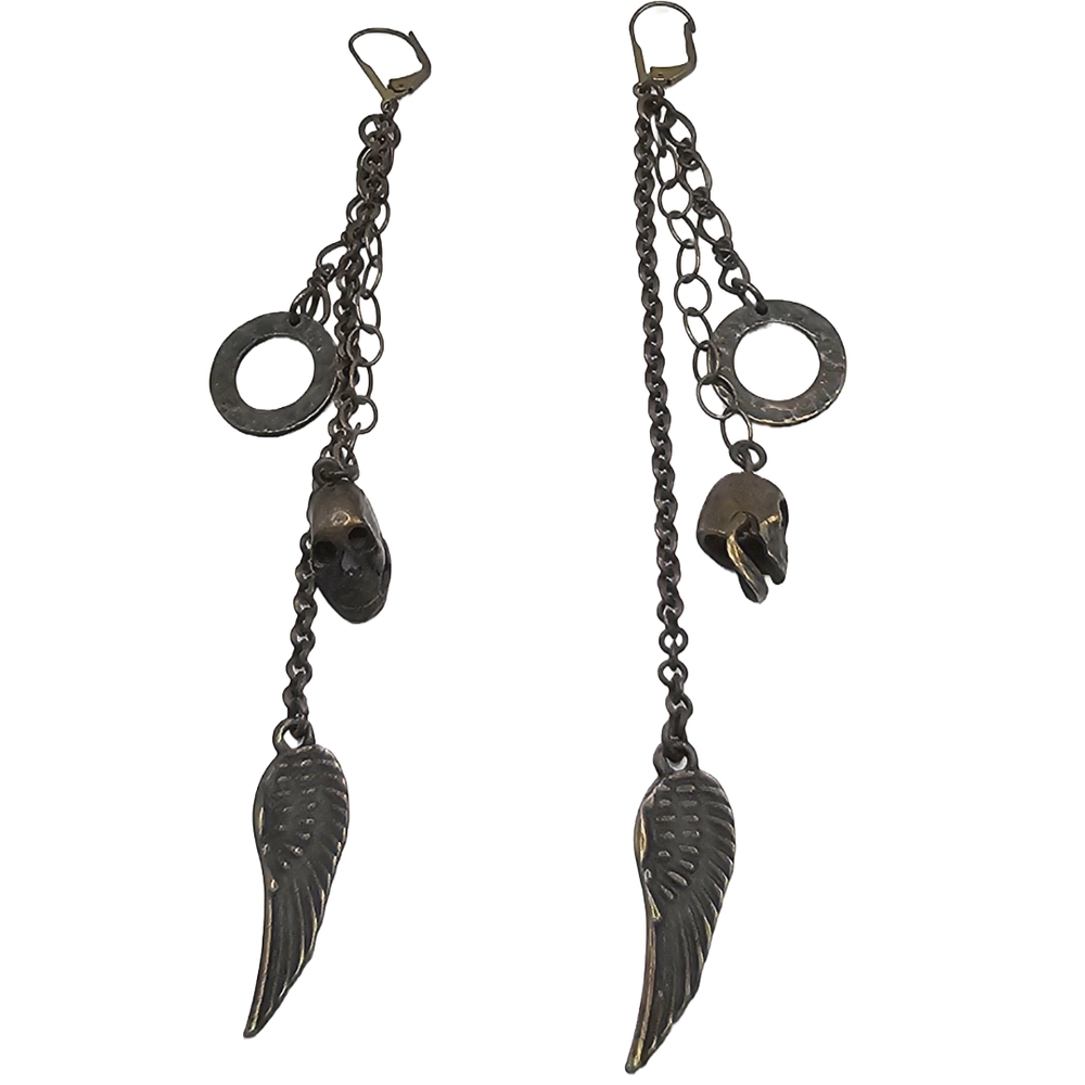 Dark Metal Chain Drop Earrings with Skull, Ring, and Wing Charms